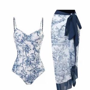 Blue & White Toile One-Piece Swimsuit with Sheer Sarong